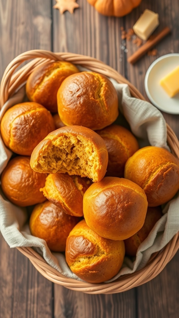 Pumpkin Bread Rolls Recipe Freshly baked pumpkin bread rolls in a basket, golden-brown crust, with butter and cinnamon on a rustic table.
